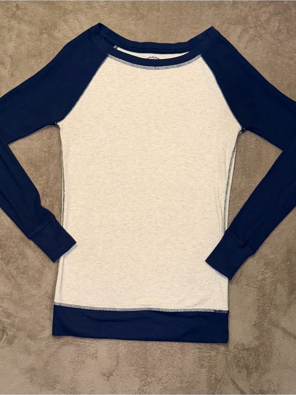 SO Authentic American Heritage Waffle Knit Raglan Top Navy Cream Small